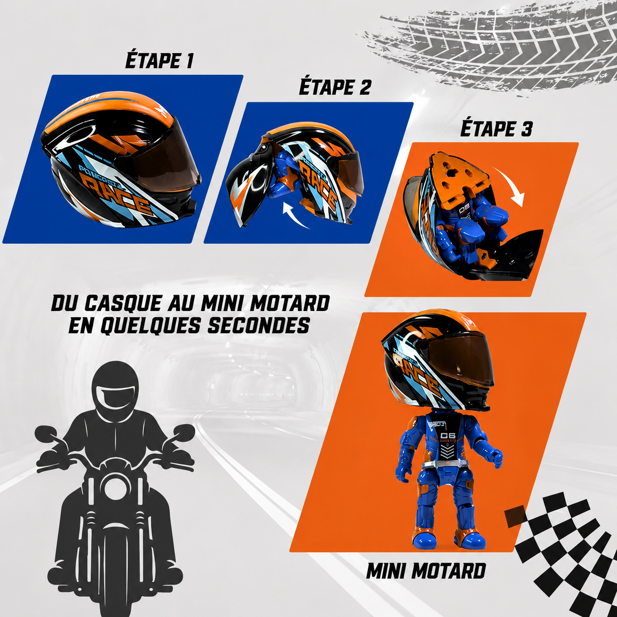 Comment déplier le MiniBiker™ — du casque au mini motard en 3 étapes